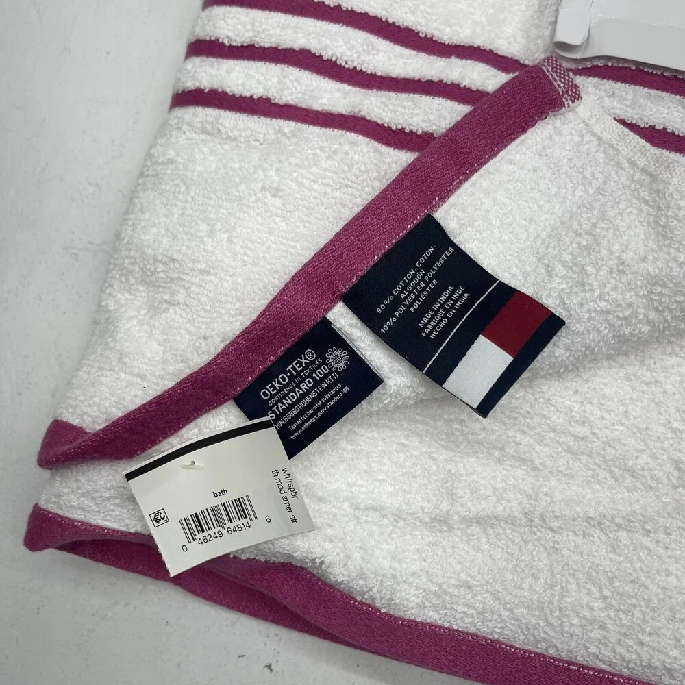 Tommy Hilfiger Modern American White Raspberry Stripe Bath Towel 30 X 54 In New*